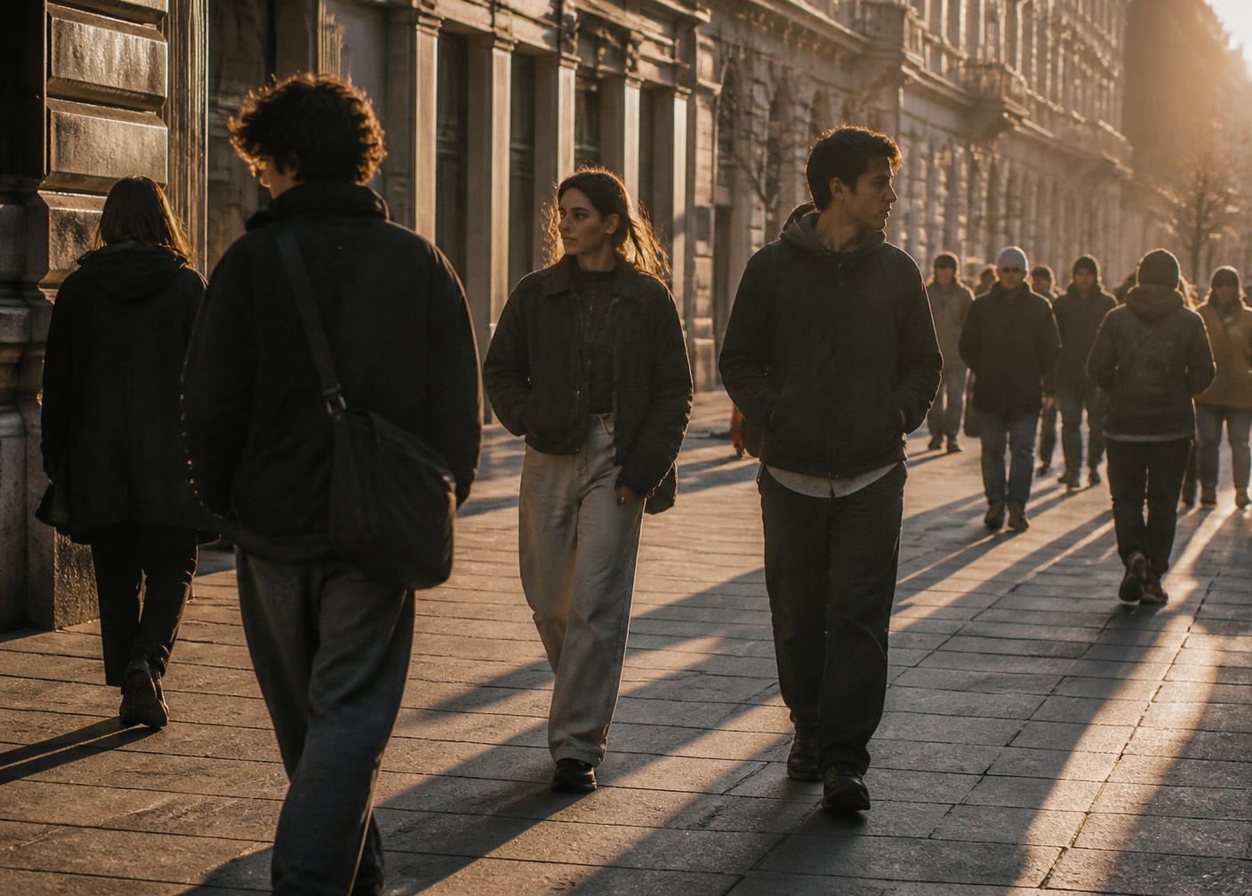 Menschen in einer Innenstadt im Abendlicht