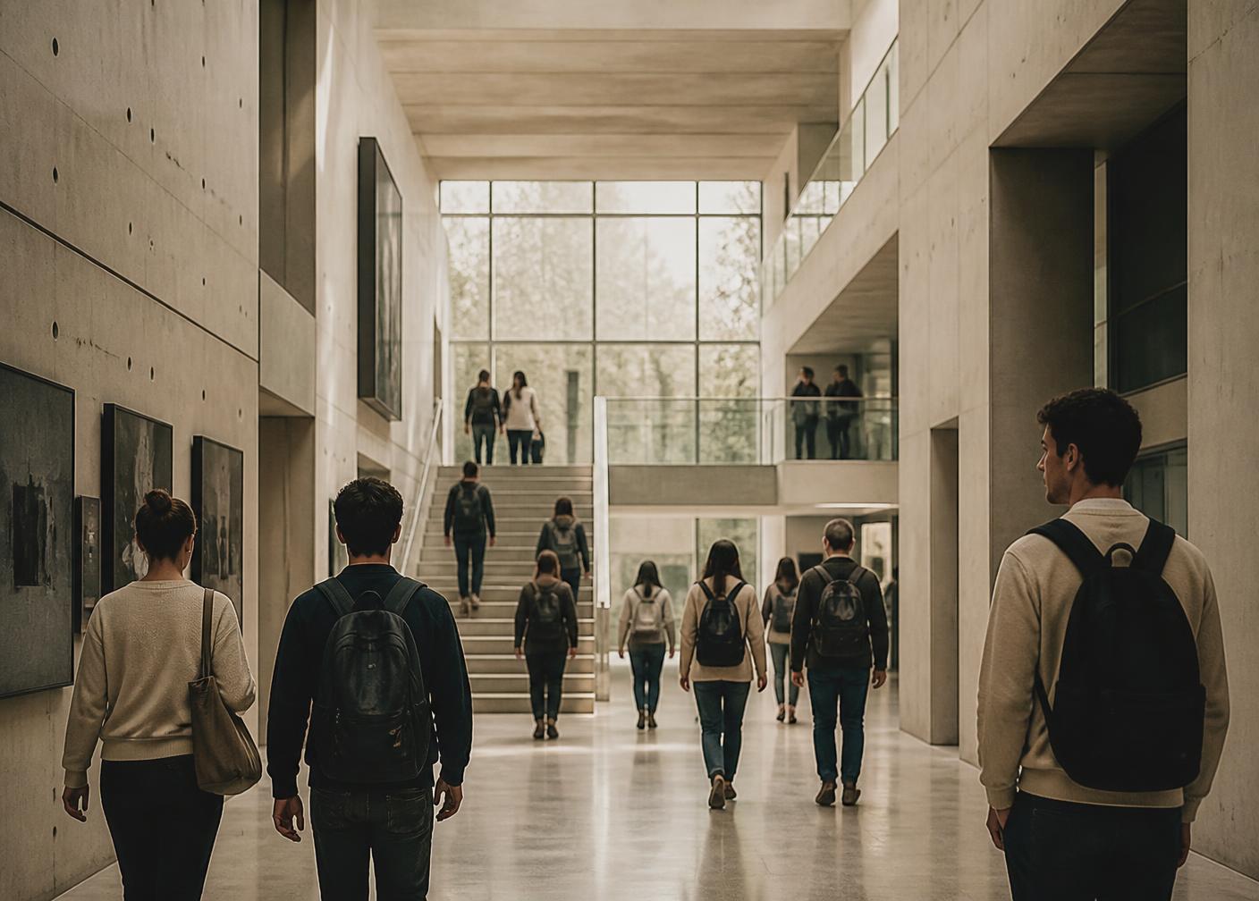 Studierende in einer modernen Universitätshalle
